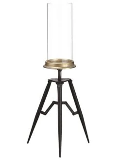 22.5″ Metal Candleholder With Glass Hurricane Black Gold