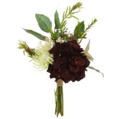 13″ Hydrangea/Waxflower Bouquet Green Burgundy
