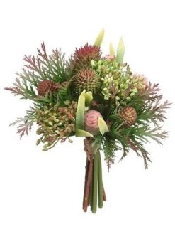 7.5″ Protea/Thistle/Sedum Bouquet Green Burgundy