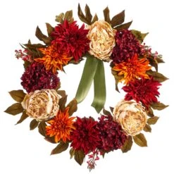 22″ Hydrangea/Dahlia/Peony Wreath Burgundy Rust