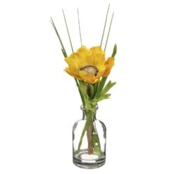 8″ Anemone/Grass In Glass Vase Yellow