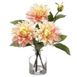 14″ Dahlia In Glass Vase Pink Green