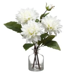 14″ Dahlia In Glass Vase White