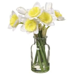 10″ Daffodil In Glass Vase White Yellow