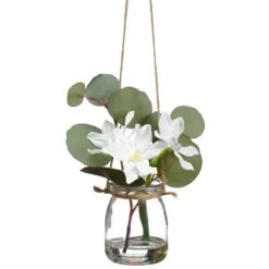 6″ Hanging Narcissus/Eucalyptus In Glass VaseWhite