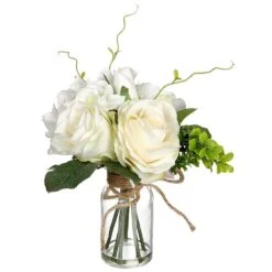 9″ Rose/Hydrangea In Glass Vase Cream