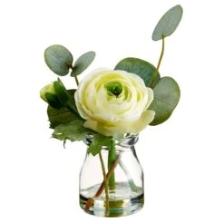 5.5″ Ranunculus/Eucalyptus In Glass Vase Soft Yellow