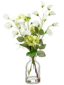 15″ Sweet Pea/Snowball In Glass Vase Green White