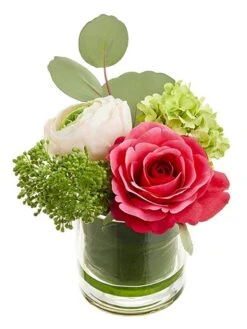 5.25″ Ranunculus/Rose/ Snowball In Glass Vase Beauty Pink