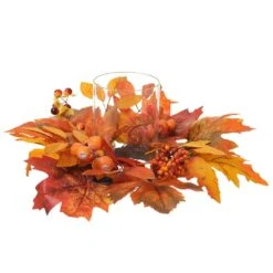 12″ Bittersweet/Maple Centerpiece With Glass Candleholder Flame Orange