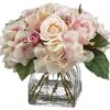 8″H X 9″W X 9″L Hydrangea/Rose In Glass Vase Fuchsia Pink