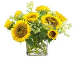 15″H X 16″W X 18″L Sunflower/Queen Anne’s Lace in Glass Vase Yellow