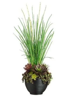 41″H X 15″W X 15″L Echeveria/Succulent/Yucca In Bamboo Bowl Burgundy Green