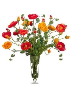 37″H X 39″W X 39″L Large Poppy In Glass Vase Orange Red
