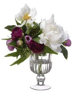 10″H X 9″W X 12″L Ranunculus/Peony In Glass Vase Purple White