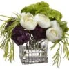 8″H X 8″W X 9″L Hydrangea/Sedum/Ranunculus In Glass Vase White Eggplant