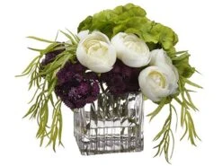 8″H X 8″W X 9″L Hydrangea/Sedum/Ranunculus In Glass Vase White Eggplant