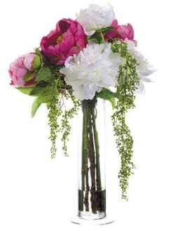 21″H X 12″W X 13″L Peony/Berry In Cylinder Glass Vase Rubrum Cream