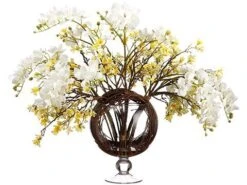 26″H X 20″W X 31″L Phalaenopsis/Heptacoduim/Twig in Glass Vase White Yellow