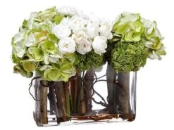12″H X 12″W X 17″L Hydrangea/Ranunculus/Curly Willow In Glass Vase Green Cre