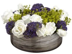 8″ Rose/Queen Anne’s Lace/ Grass In Glass Container Whhite Purple