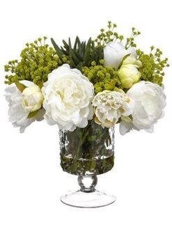 12″H X 12″W X 12″L Peony/Succulent/Baby’s Breathe In Glass Vase Green Wh