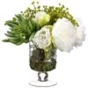 10″H X 9″W X 9″L Peony/Aeonium /Baby’S Breathe In Glass Vase White Green