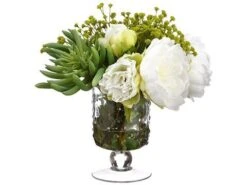 10″H X 9″W X 9″L Peony/Aeonium /Baby’S Breathe In Glass Vase White Green