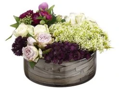 9″H X 14″W X 14″L Rose/Sedum/Queen Anne’s Lace In Glass Vase Purple Mauve