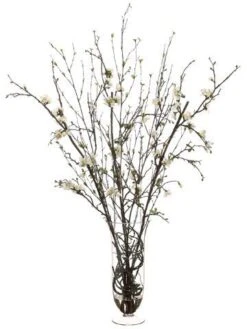 48″H X 30″W X 30″L Quince Blossom/Twig In Glass Vase Cream