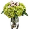 13.5″H X 12″W X 12″L Hydrangea/ Rose In Glass Vase Pink Green