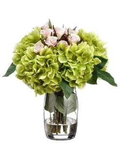 13.5″H X 12″W X 12″L Hydrangea/ Rose In Glass Vase Pink Green