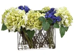 13″H X 12″W X 21″L Hydrangea/Cornflower/Sedum In Glass Vase Green Blue