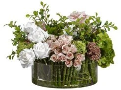 14″x20″x18″ Hydrangea/Rose Mixed In Glass Cylinder Pink White
