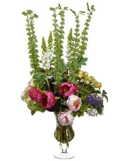 43″H X 22″W X 26″L Rose/Peony/Bells Of Ireland Mix In Glass Vase Green