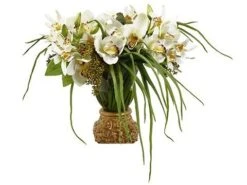 16″H X 19″W X 24″L Cymbidium/Sedum In Vase With Gold Base White