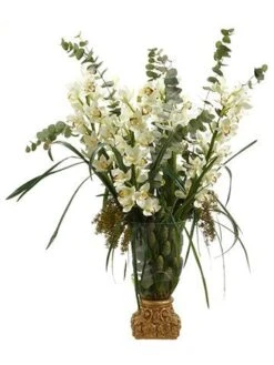 53″H X 36″W X 42″L Cymbidium/Sedum In Vase With Gold Base White