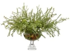 25″H X 33″W X 34″L Wax Flowers/ Sedum In Glass Vase Green White
