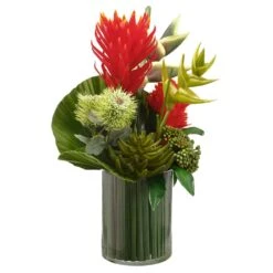 24.5″H X 17″W X 17″L Protea/ Bromeliad/Grass In Glass Vase Red Green