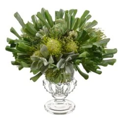 18″H X 18″W X 19″L Echeveria/Protea In Glass Vase Green