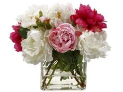 14″ Peony Mixed In Glass Vase Pink