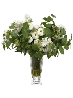 28.75″H X 26″W X 30″L Lilac/Ranunculus In Glass Vase Cream Green