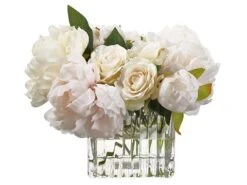 9″H X 11″W X 12″L Peony/Rose In Glass Vase White